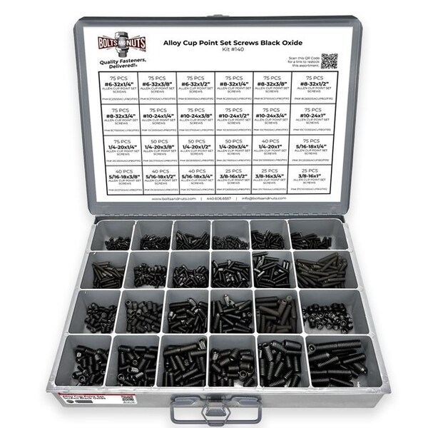 Boltsandnuts.Com Inch Alloy Steel Cup Point Allen Socket Set Screw Coarse Black Oxide - 1396 PCS Assortment Kit #140 - main